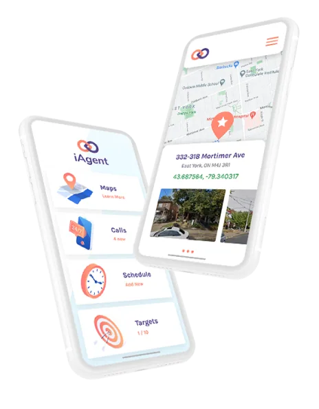 iAgent mobile app screens with maps, calls, schedule and targets